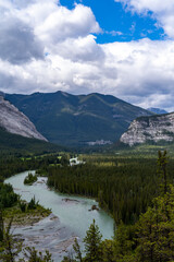 View of the Bow River as seen from the hoodoos viewpoint in Banff National Park, Alberta Canada