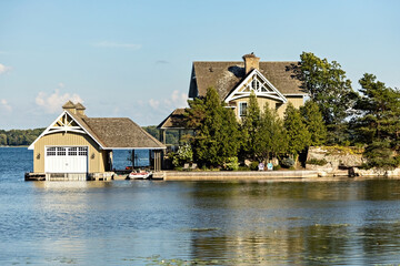 Beautiful scenery of Thousand Islands National Park, house on the river, Ontario, Canada