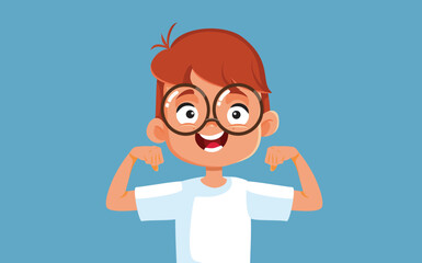 Happy Super Strong Little Boy Vector Cartoon Character. Smiling child having strength, will, and vitality due to self confidence 
