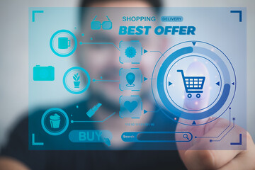 Happy man touch shopping cart icons online shopping with BEST OFFER with icons shopping interface payments online shopping. The concept of shopping online with man.