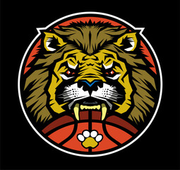 round basketball team design with lion mascot for school, college or league