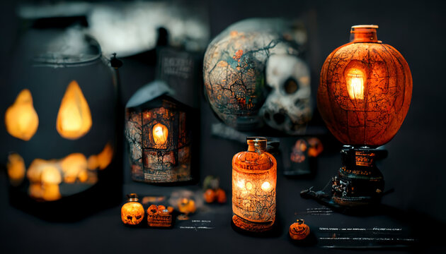 halloween festival illustration. The background has a blur that mimics a photograph. Halloween Pumpkins in Scary Cemetery. realistic halloween festival illustration. Halloween night pictures for wall 