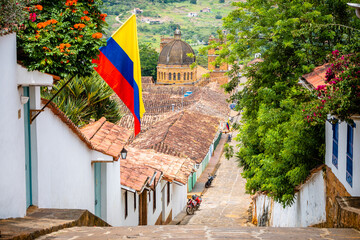 street view of barichara colonial town, colombia - obrazy, fototapety, plakaty