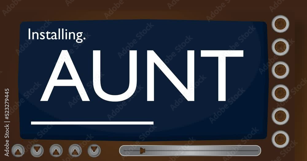 Poster cartoon computer with the word aunt. video message of a screen displaying an installation window.