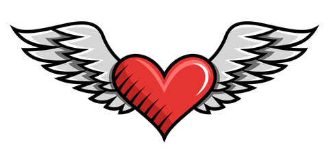 Drawing heart with wings in retro style, comics design illustration on white background.