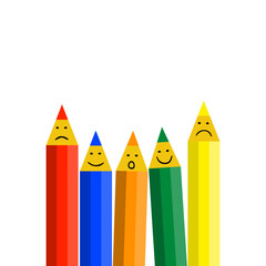 Colored pencils for drawing with emoticons. Sticks for drawing, painting. Flat vector illustration isolated on white background.