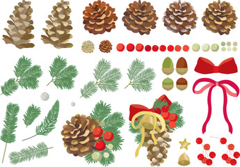 まつぼっくりやモミの枝が入ったクリスマスのデコレーション用イラストのセット
