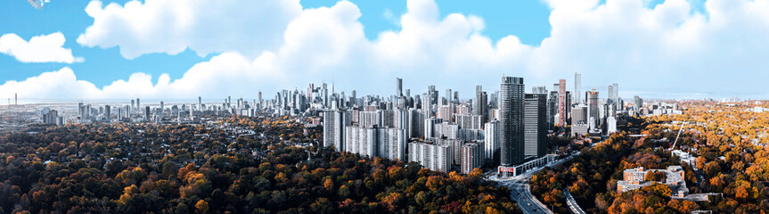 Downtown Toronto cartoon skies in the fall panorama cntower in view 