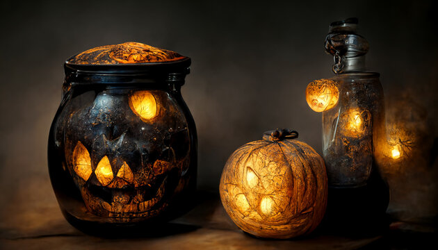 halloween festival illustration. The background has a blur that mimics a photograph. Halloween Pumpkins in Scary Cemetery. realistic halloween festival illustration. Halloween night pictures for wall 