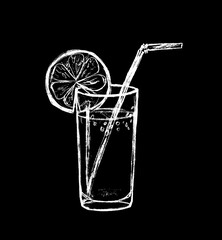 A glass with a drink, an orange and a cocktail tube in white on a black background