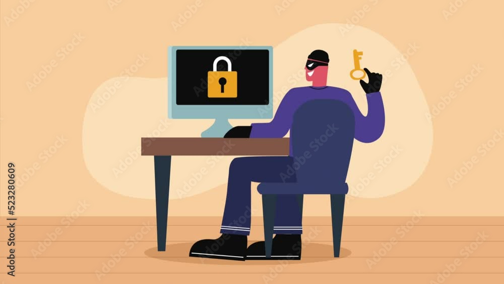 Poster hacker with desktop cyber fraud animation