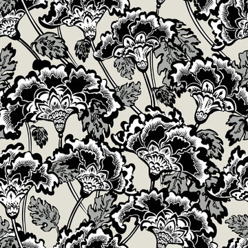 SEAMLESS VECTOR PATTERN bold flamboyant floral in black and white. Oriental poppy/marigold style loose gestural brushwork in simple greyscale colors. Fan shaped flowers in scalloped arrangement.
