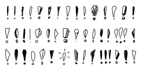 Set of hand drawn doodle exclamation marks. Pencil and ink various scattered exclamation marks. Sketches of punctuation mark, vector illustration on white background.
