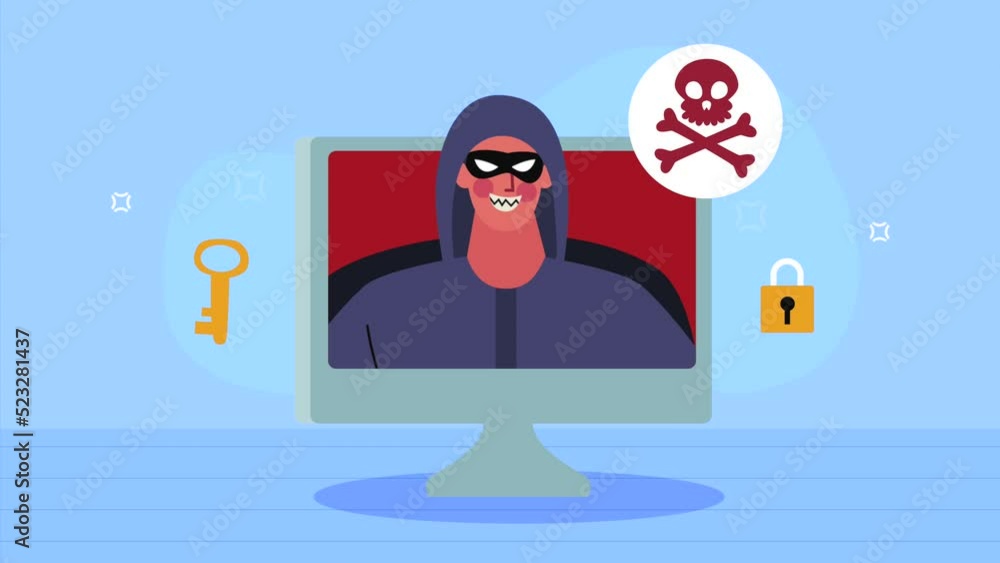 Poster hacker in desktop cyber fraud animation