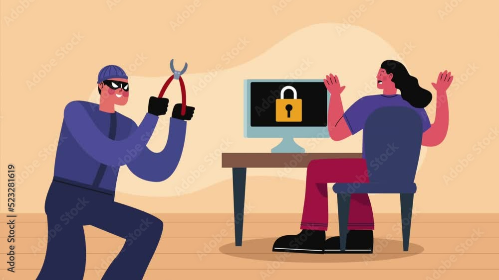 Poster hacker attacking user cyber fraud animation