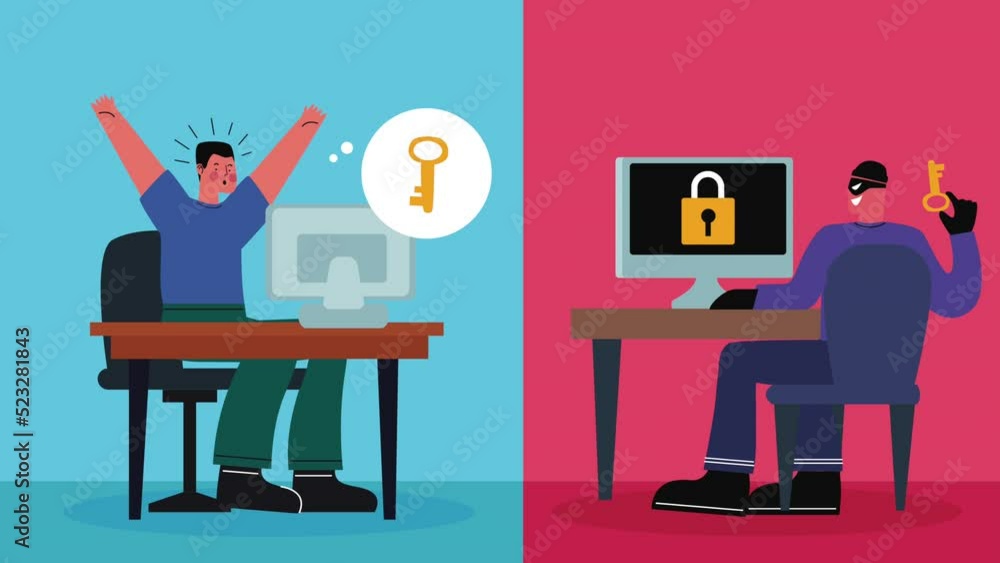Poster hacker attacking man cyber fraud animation