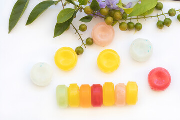 cough sore throat pastille extract herbal arrangement flat lay style on background white 