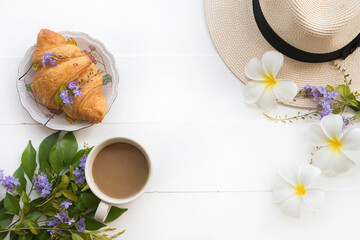 croissant dessert snack with hot coffee, hat of lifestyle woman relax arrangement flat lay style on background white 