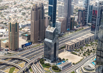 Naklejka na ściany i meble Dubai, UAE - 07.18.2021 - Areal view of main road of UAE, Sheikh Zayed road. City