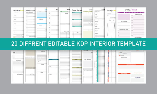 Kdp Interior Design Bundle ,daily Planner, Journal, Sheets, Work Out Log Book 20 Different Template In One File.