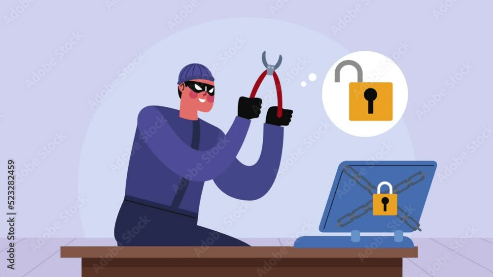 Poster hacker with laptop cyber fraud animation