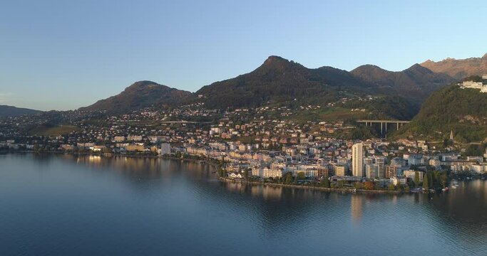 4k drone shot of montreux in the swiss riviera