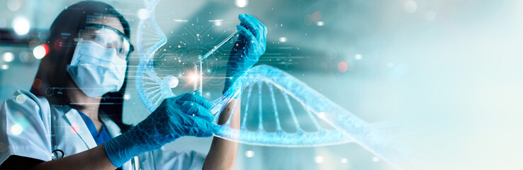 Scientists are experimenting and research with molecule model, DNA, Human Biology, Genetic...