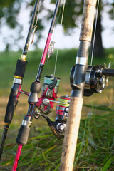 Spinning rods with reels and lures ready for fishing