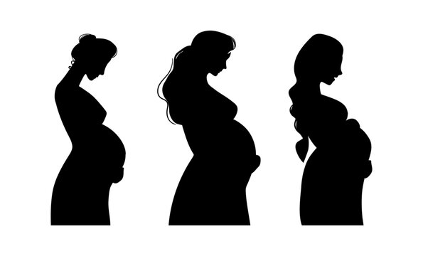 Set of black silhouettes of different pregnant women side view. Outline of a mommy expecting the birth of a baby, vector illustration isolated on a white background.