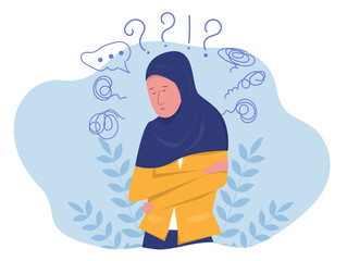 Muslim woman suffers from obsessive thoughts; headache; unresolved issues; psychological trauma; depression.Mental stress panic mind disorder illustration Flat vector illustration.
