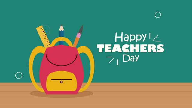 happy teachers day lettering with schoolbag and supplies