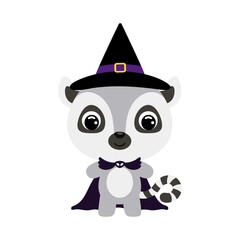 Cute little Halloween lemur in a wizard costume. Cartoon animal character for kids t-shirts, nursery decoration, baby shower, greeting card, invitation, house interior. Vector stock illustration