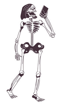 Skeleton character with smartphone, tattoo sketch