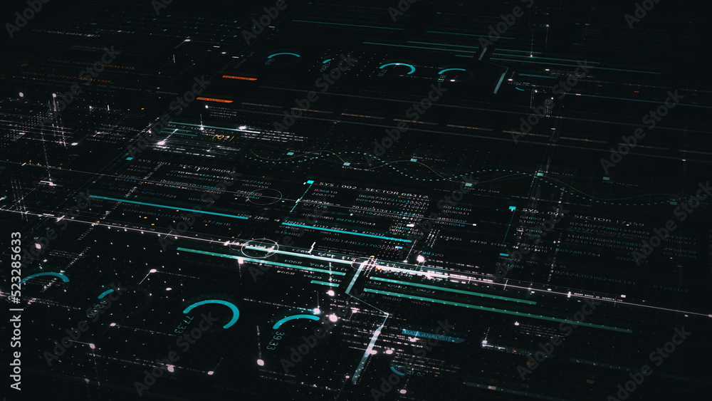 Poster Advance digital generated motion abstract matrix cyber environment big data analytic artificial intelligent metaverse simulation, head up display background