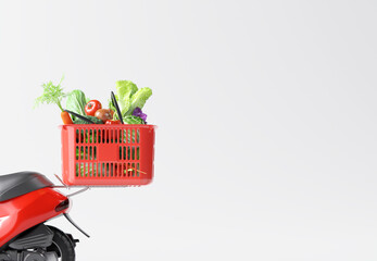 Delivery vegetables by scooter. delivery service concept. 3d rendering