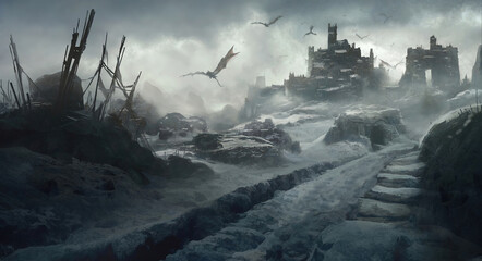 A desolate fantasy castle surrounded by dragons flying through the sky.
