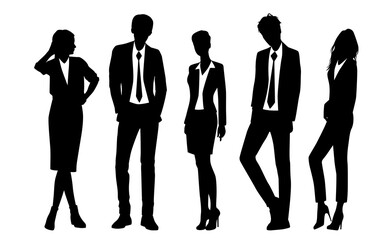 Vector silhouettes of  men and a women, a group of standing   business people, profile, black  color isolated on white background