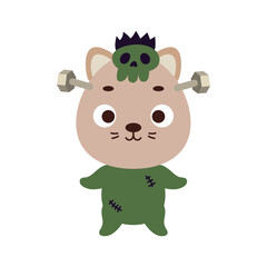 Cute little Halloween cat in a Frankenstein costume. Cartoon animal character for kids t-shirts, nursery decoration, baby shower, greeting card, invitation. Vector stock illustration