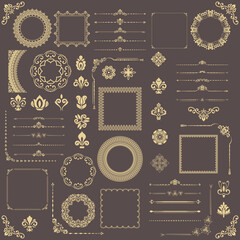 Vintage set of vector horizontal, square and round elements. Elements for backgrounds, frames and monograms. Classic patterns. Set of brown and golden patterns