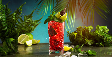 Red alcoholic cocktail with bitter, whiskey, soda, lime, mint and ice. Dark tropical background,...