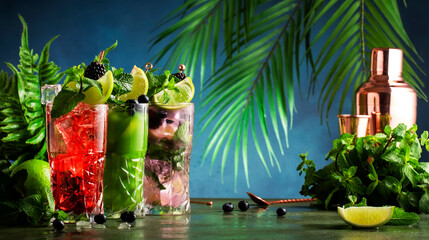 Tropical style cocktail party.. Summer refreshing alcoholic cocktails with gin, tequila, vodka, lime, mint and ice, copy space