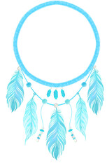 Crystal Blue, green, pink Dream Catcher with pendulum and feather White Christmas winter season, watercolor style.