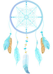 Crystal Blue, green, pink, Dream Catcher with pendulum and feather White Christmas winter season, watercolor style.