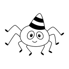 Doodle cute smiling spider with festive cap on head.Vector cartoon insect.Childish holiday clipart.Outline.Sketch.Isolated on white background.