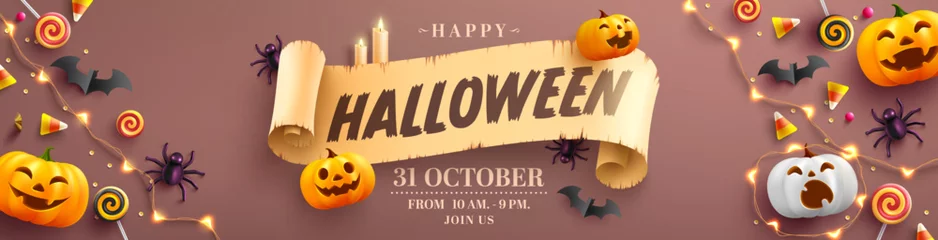 Foto op Plexiglas Halloween Promotion Poster or banner template with halloween pumpkin ghost, candy,string lights and halloween elements. Website spooky or banner template © Fotomay