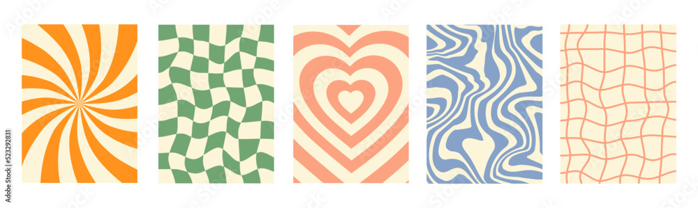 Poster Retro groovy set waves, swirl and checkered distorted backgrounds. Trendy vector texture in  retro psychedelic style.  Pastel colors