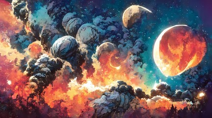 Obraz na płótnie Canvas Moon and stars Beautiful abstract landscape Space ba 