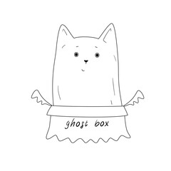 Cat Ghost Character. Cute Flying Kittens Spirit in Box. Typical Cat. Halloween Symbol. Doodle Style, Isolated on White Background, Cartoon, Clip Art.