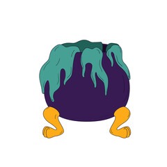 Cartoon witch cauldron with green magic broth for Halloween on the animal paws, isolated on white background.