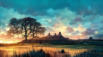 Naklejka na ściany i meble Silhouette of a grassy landscape against a sunset sky 